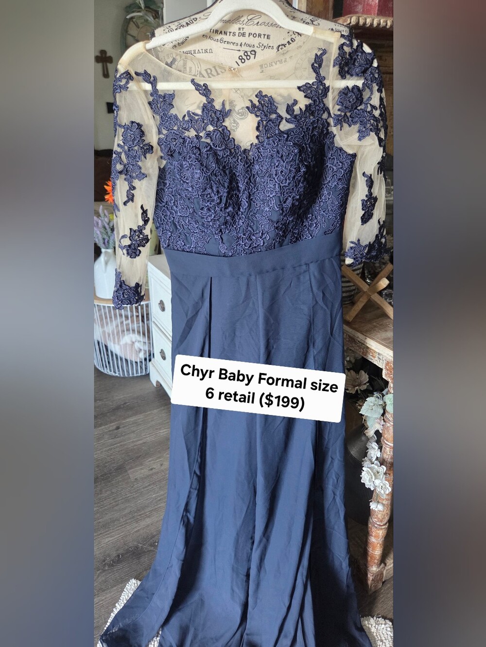 Navy Lace Appliqué Prom Dress